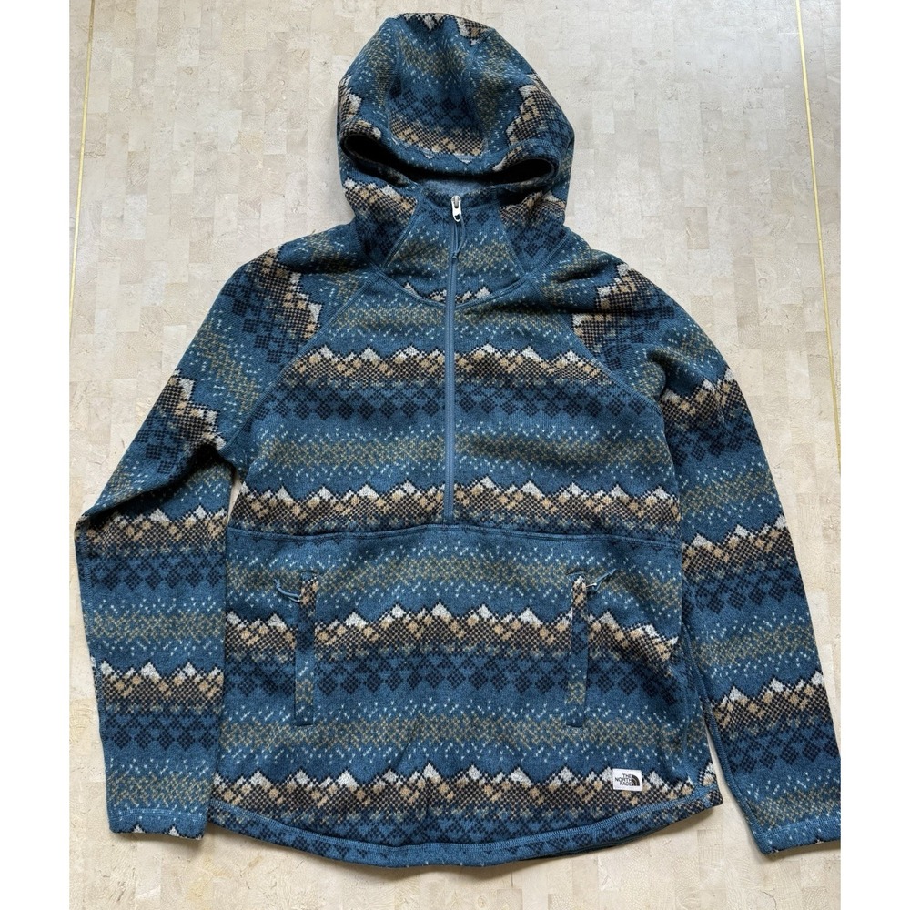 North Face Sweater Womens L Teal Printed Crescent Fleece Hooded Pullover 1/2 Zip